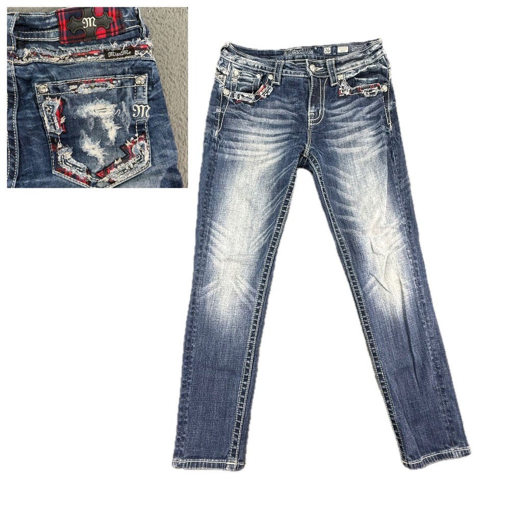 Miss Me Boyfriend Ankle Jeans Womens 26 Blue Distressed Plaid Sequin Embellished